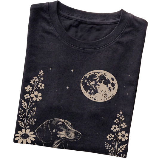Black Moon Flowers Dachshund T-shirt, folded view