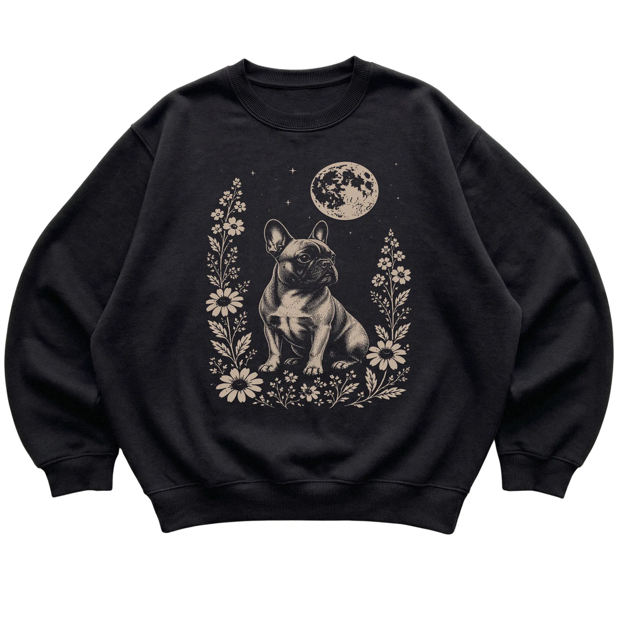 Black Moon Flowers French Bulldog sweatshirt, flat view