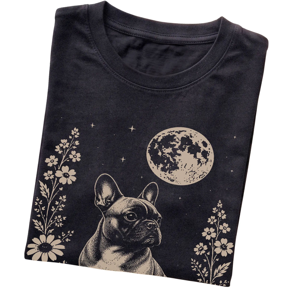 Black Moon Flowers French Bulldog T-shirt, folded view