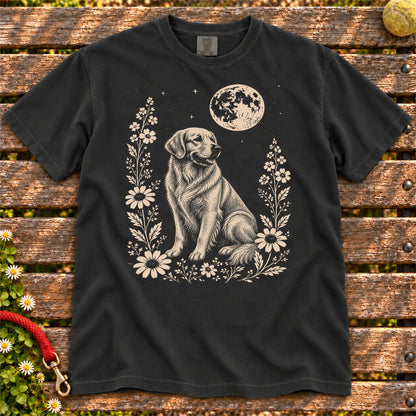 Moon Flowers Golden Retriever design on a Black Comfort Colors T-shirt, shown flat