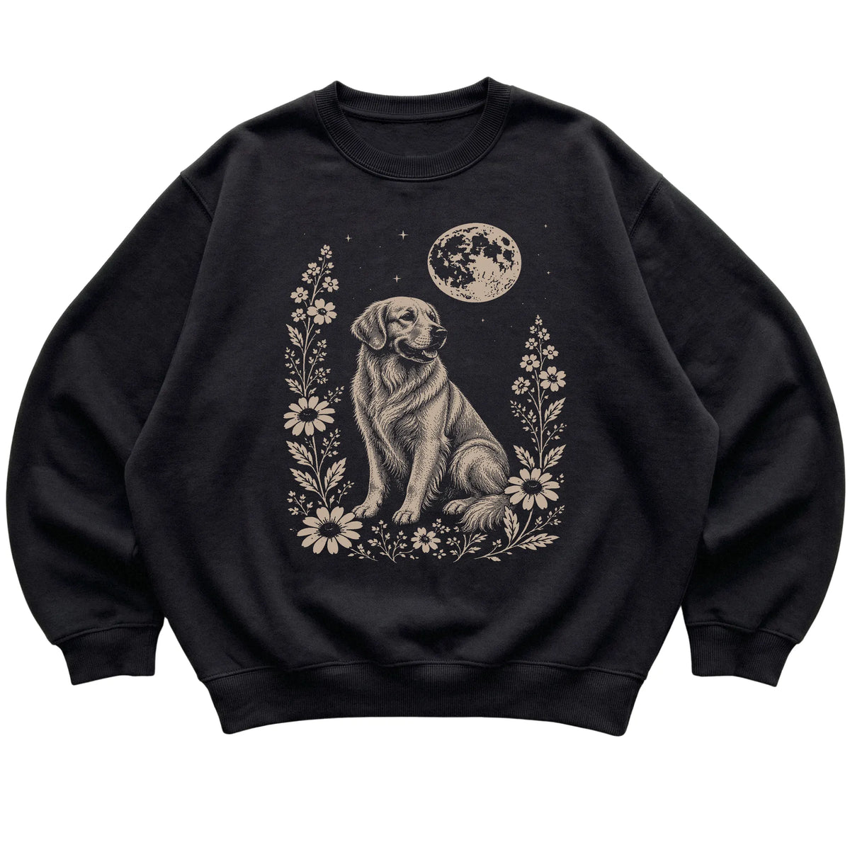 Black Moon Flowers Golden Retriever sweatshirt, flat view