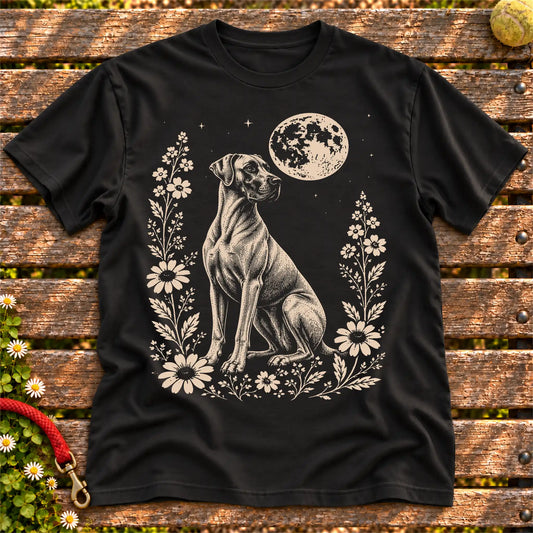 Great Dane Moon Flowers on a Black T-shirt, shown flat