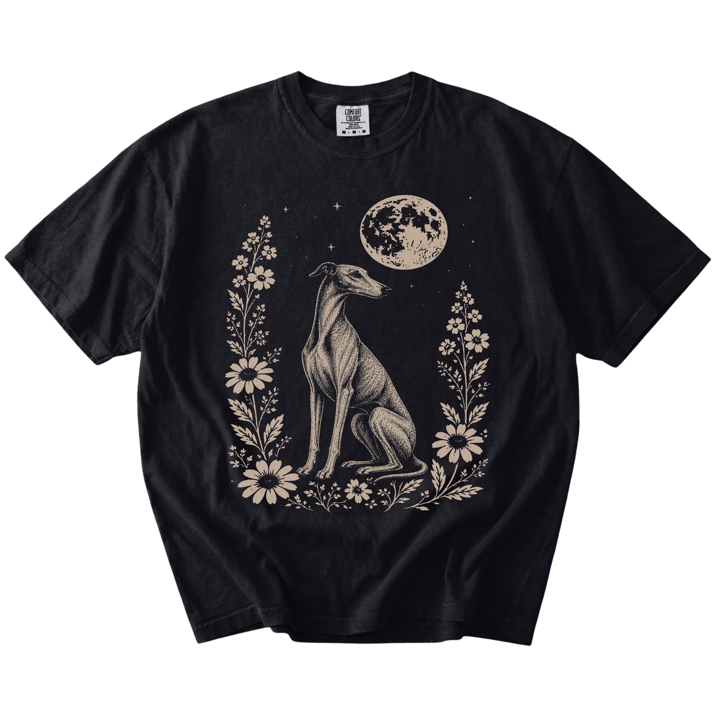 Greyhound framed by flowers beneath the moon on a Black Comfort Colors® T-shirt