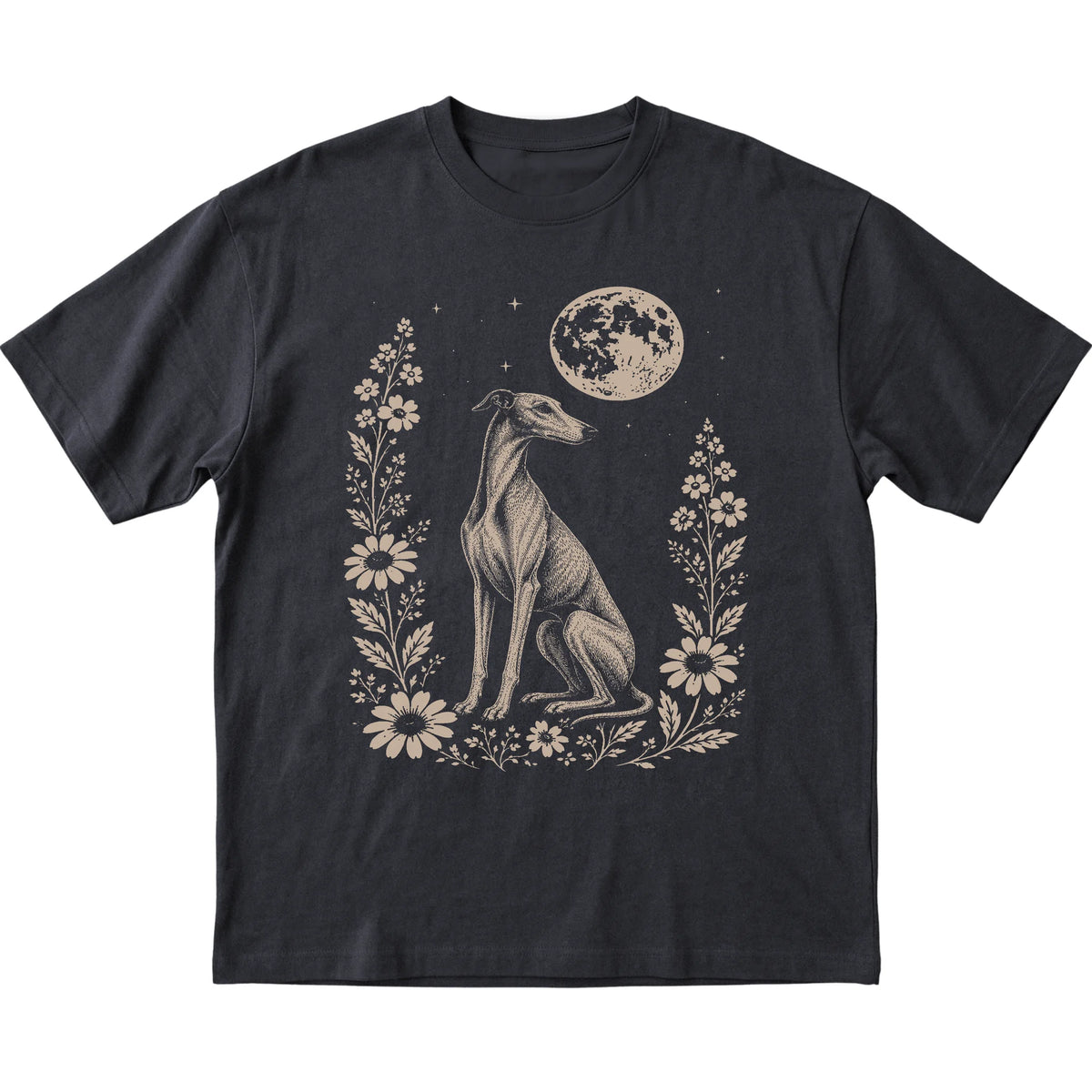 Black Moon Flowers Greyhound T-shirt, flat view