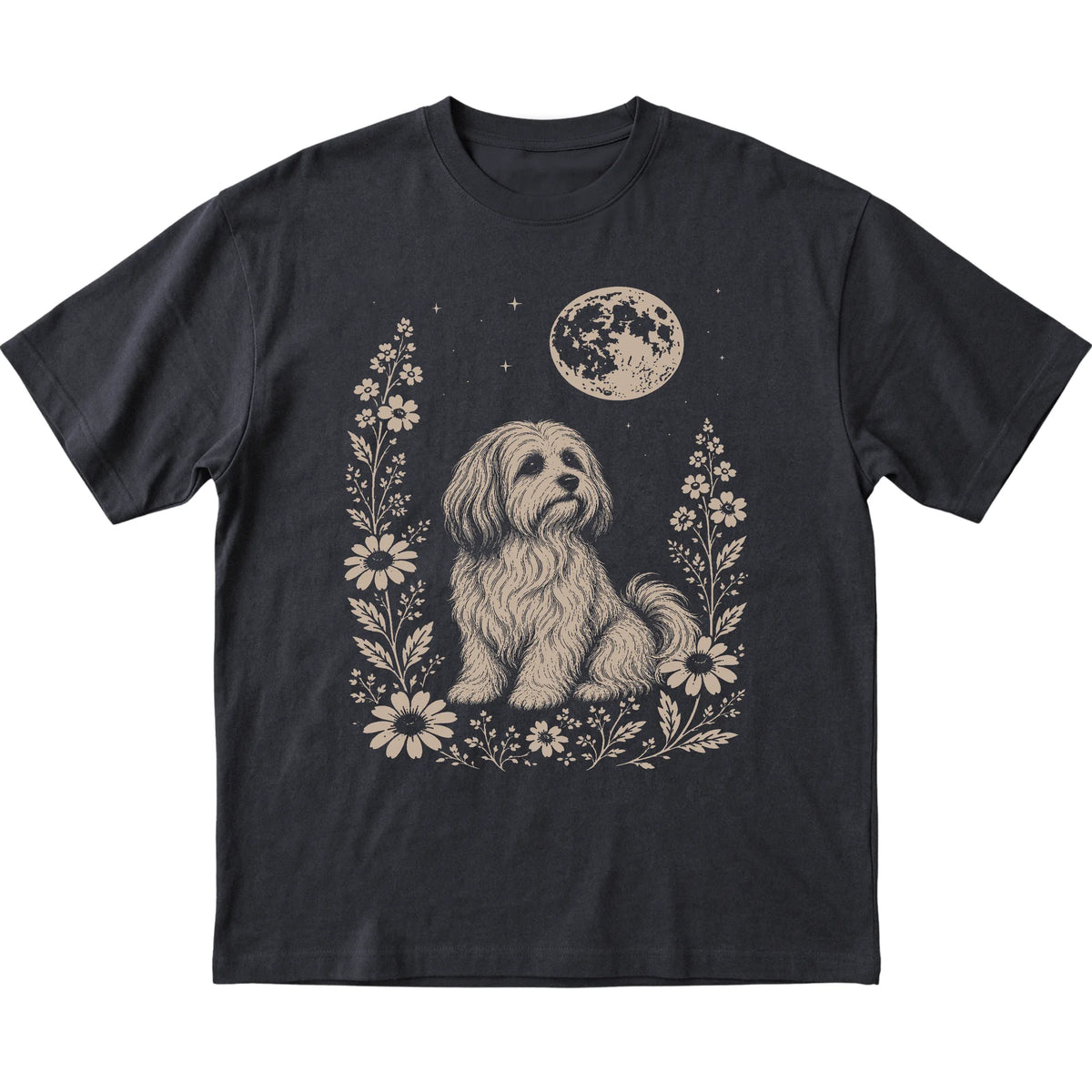 Black Moon Flowers Havanese T-shirt, flat view