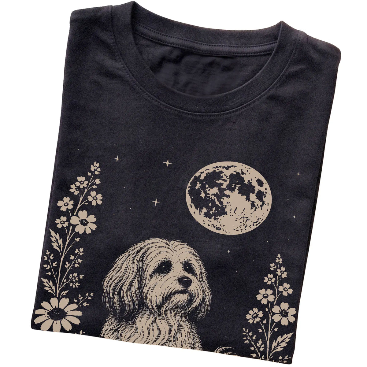 Black Moon Flowers Havanese T-shirt, folded view