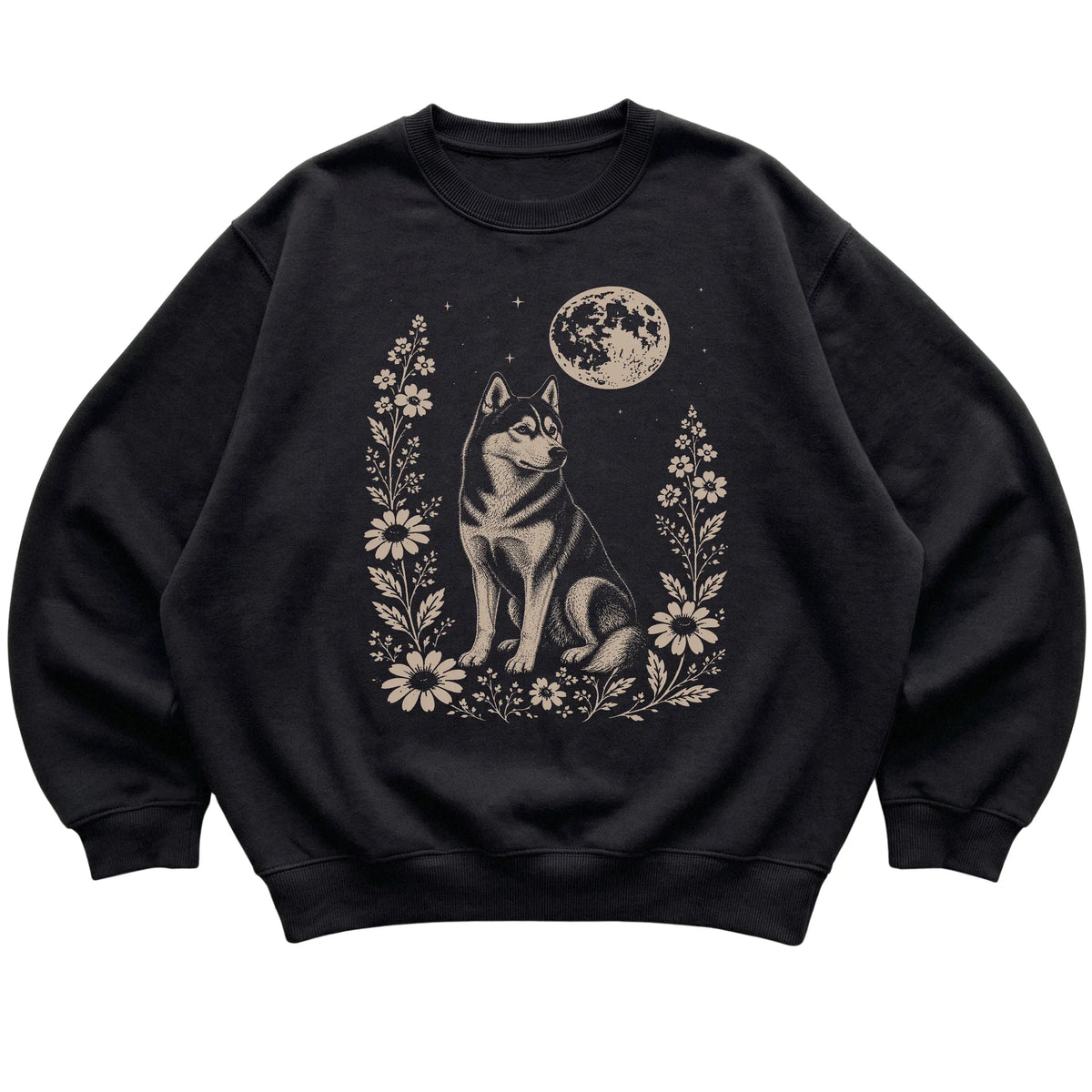 Black Moon Flowers Husky sweatshirt, flat view
