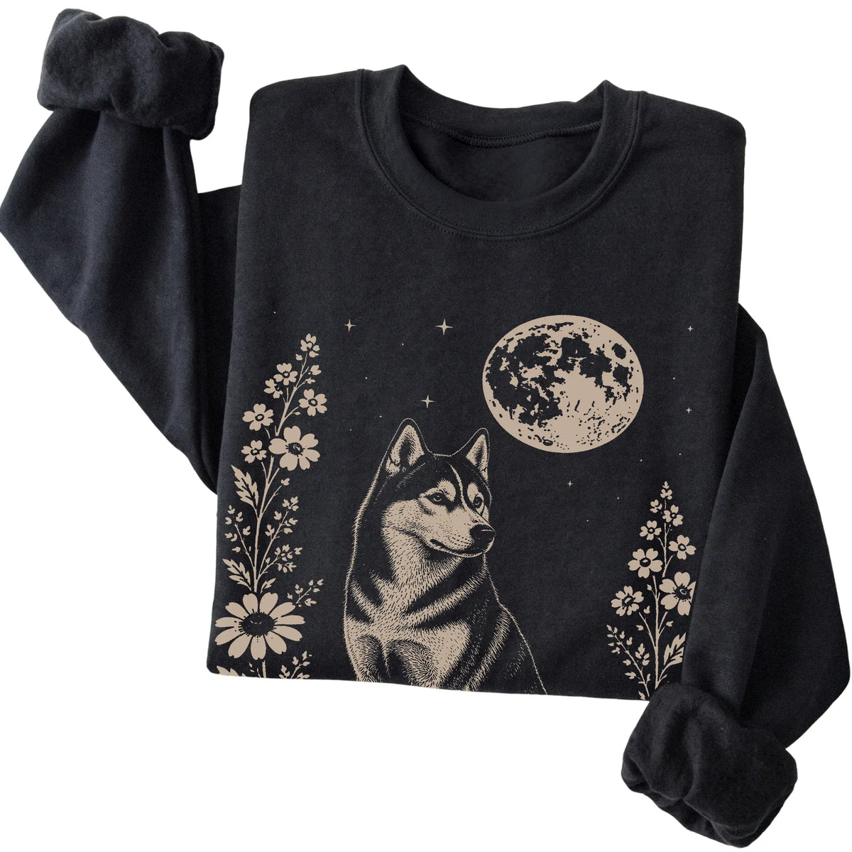 Black Moon Flowers Husky sweatshirt, folded view