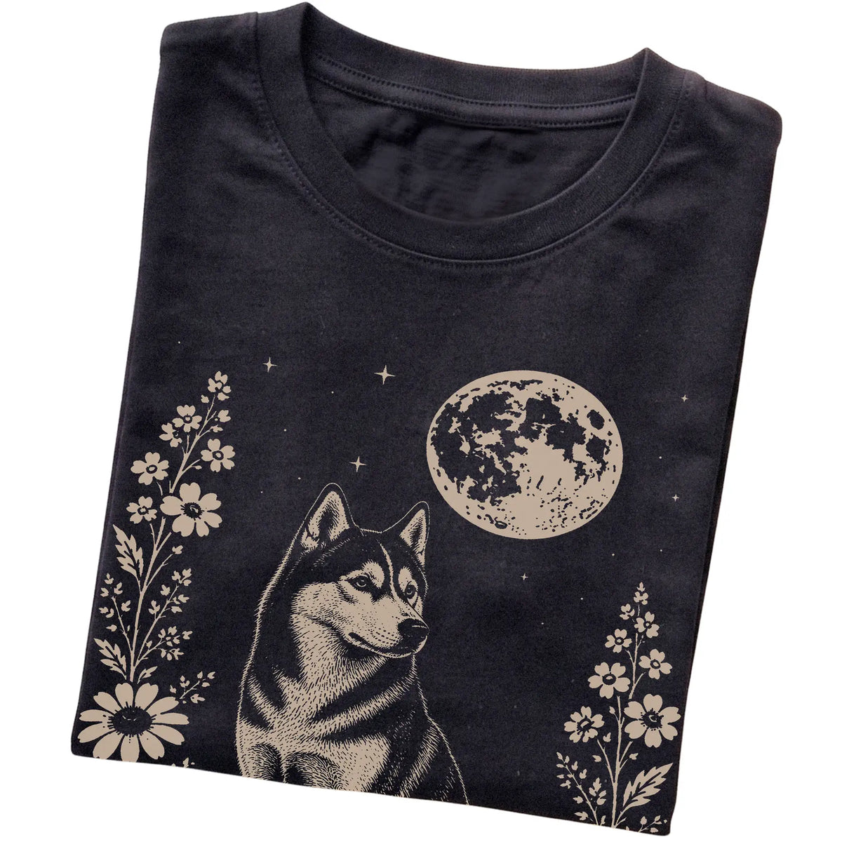 Black Moon Flowers Husky T-shirt, folded view