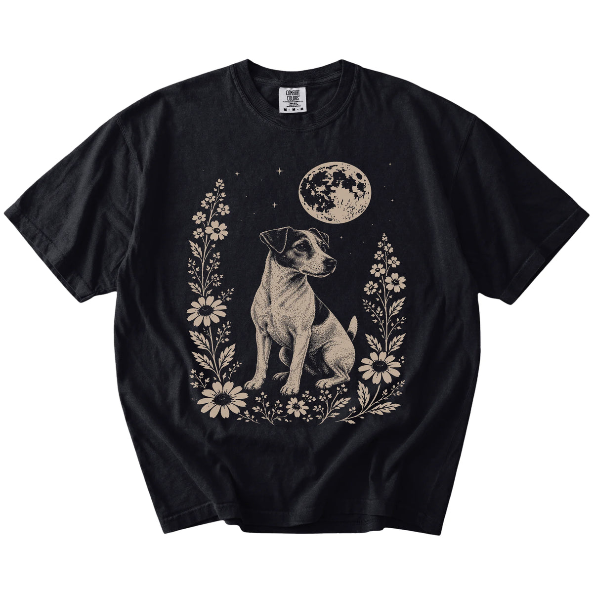 Jack Russell framed by flowers beneath the moon on a Black Comfort Colors® T-shirt