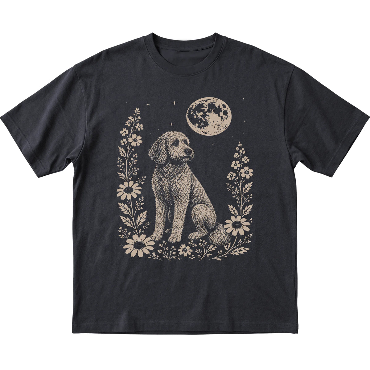 Black Moon Flowers Labradoodle T-shirt, flat view