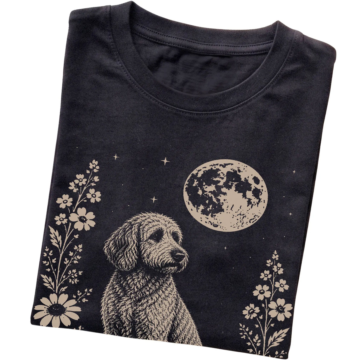 Black Moon Flowers Labradoodle T-shirt, folded view