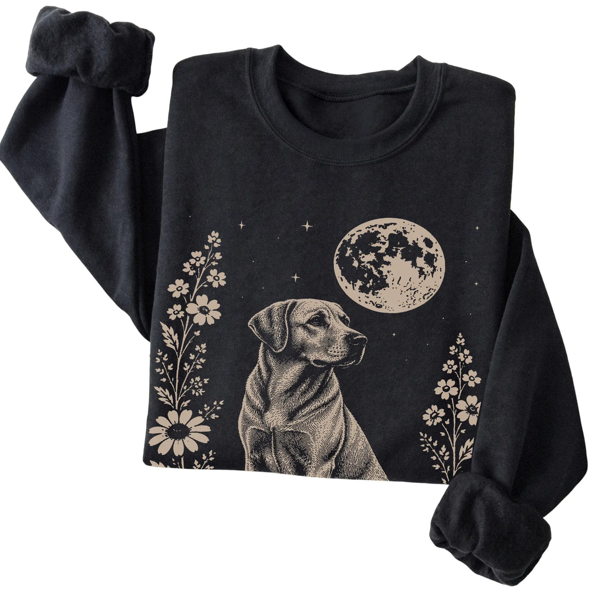 Black Moon Flowers Labrador Retriever sweatshirt, folded view