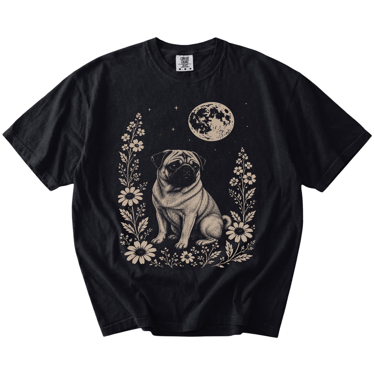Pug framed by flowers beneath the moon on a Black Comfort Colors® T-shirt