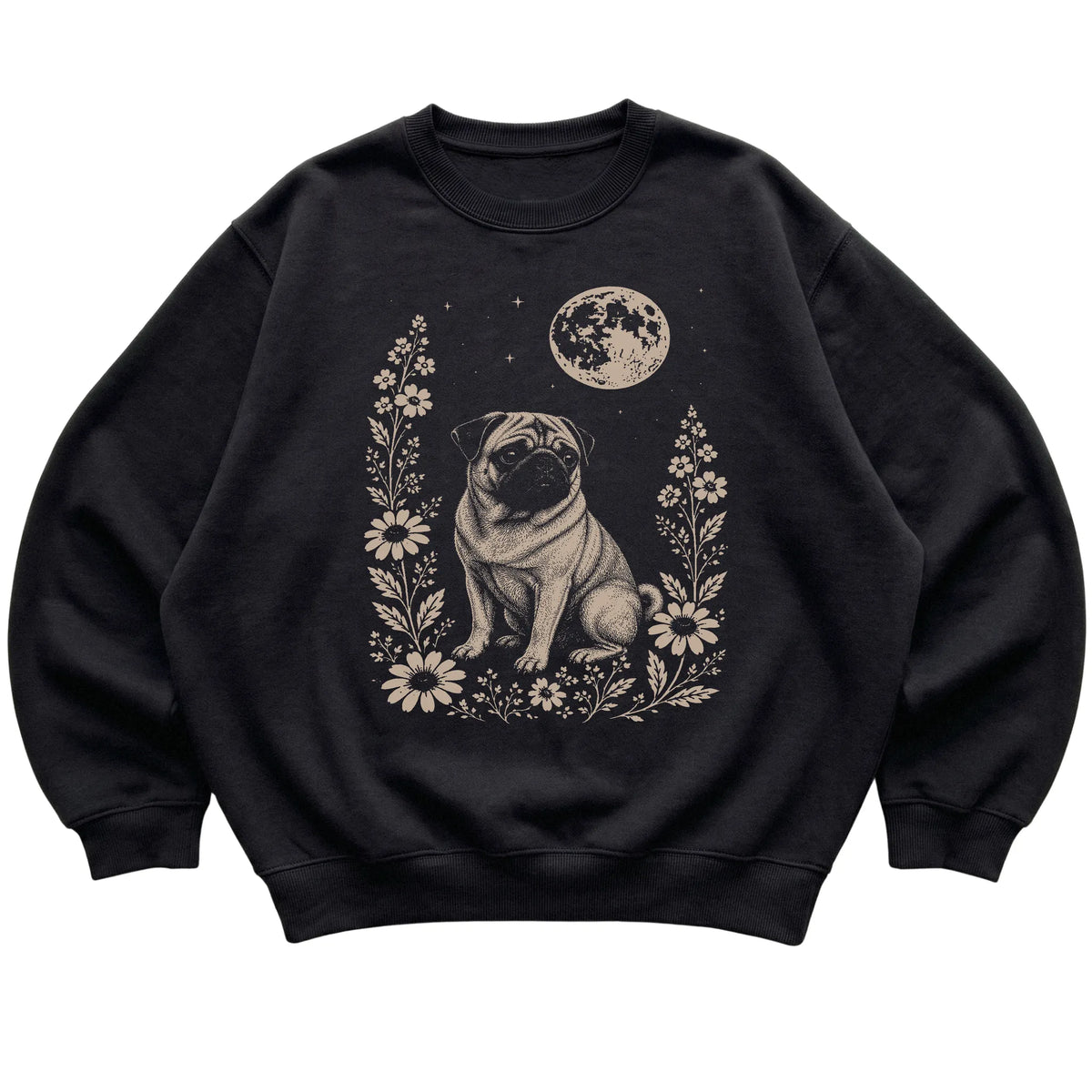 Black Moon Flowers Pug sweatshirt, flat view