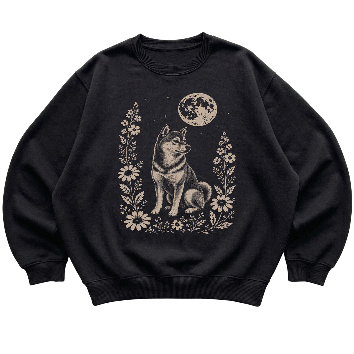Black Moon Flowers Shiba Inu sweatshirt, flat view
