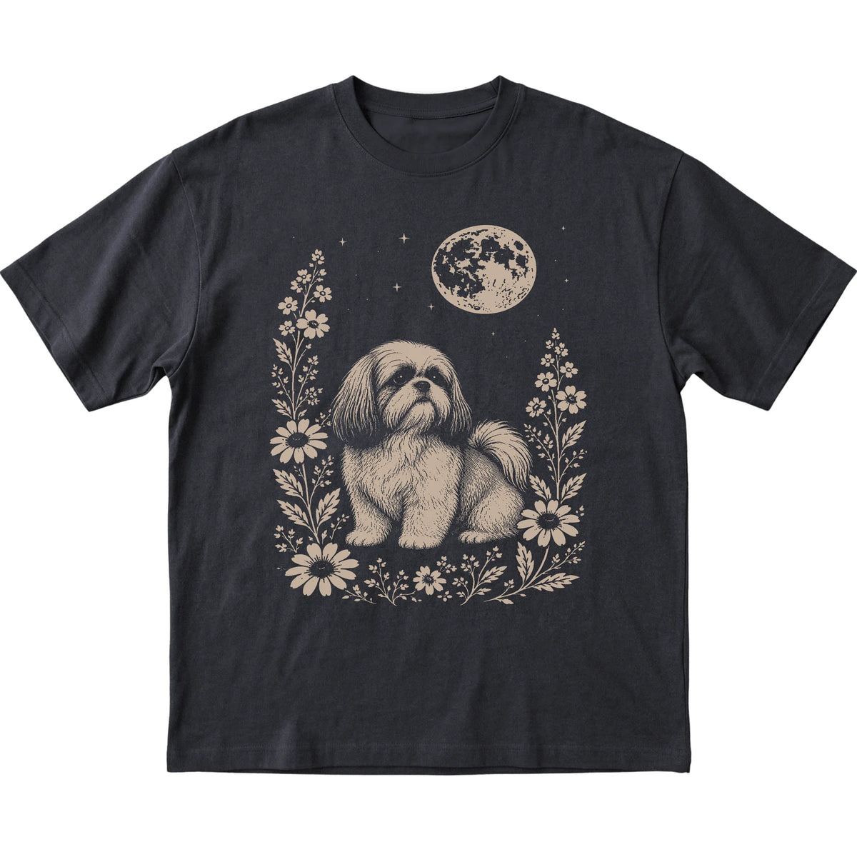 Black Moon Flowers Shih Tzu T-shirt, flat view