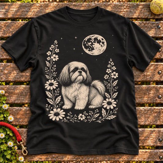 Shih Tzu Moon Flowers on a Black T-shirt, shown flat