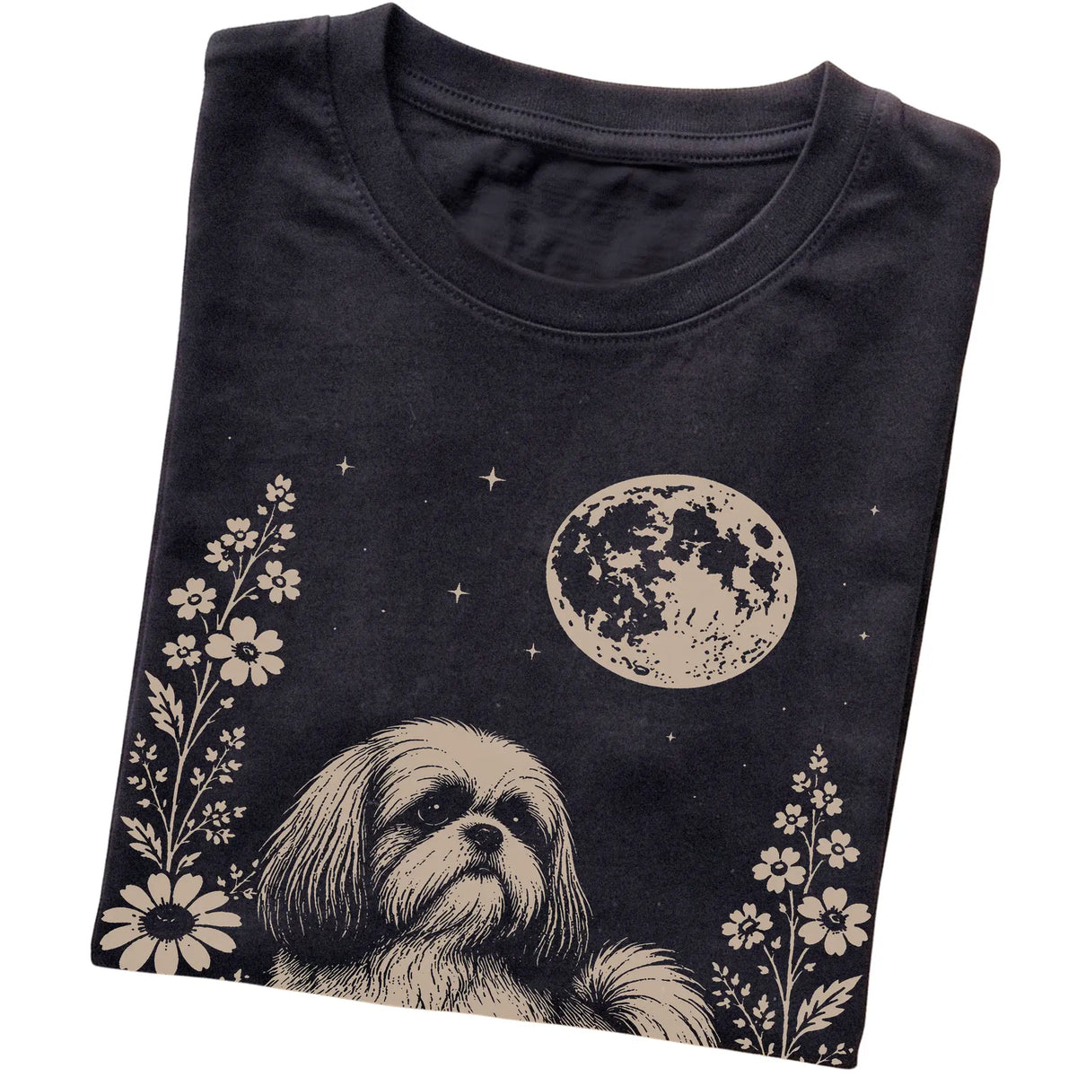 Black Moon Flowers Shih Tzu T-shirt, folded view