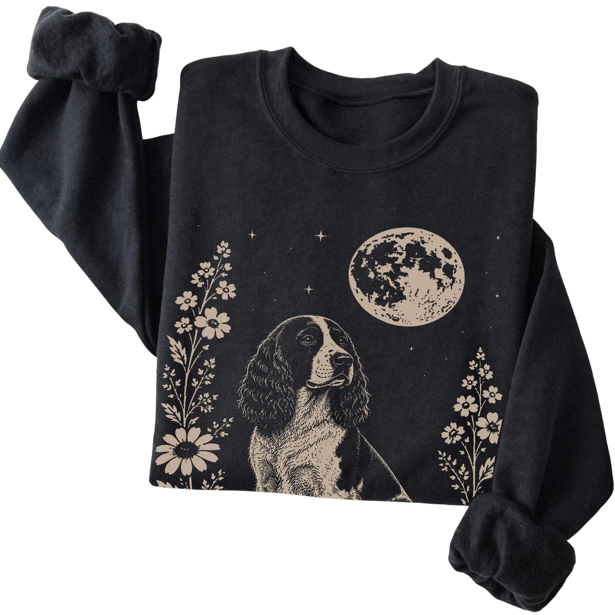 Black Moon Flowers Springer Spaniel sweatshirt, folded view