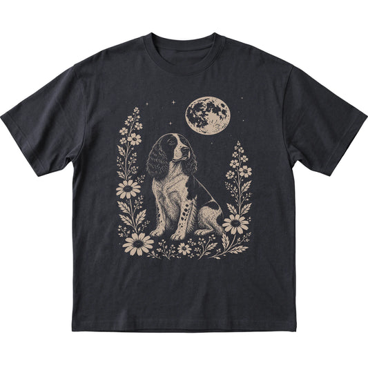 Black Moon Flowers Springer Spaniel T-shirt, flat view