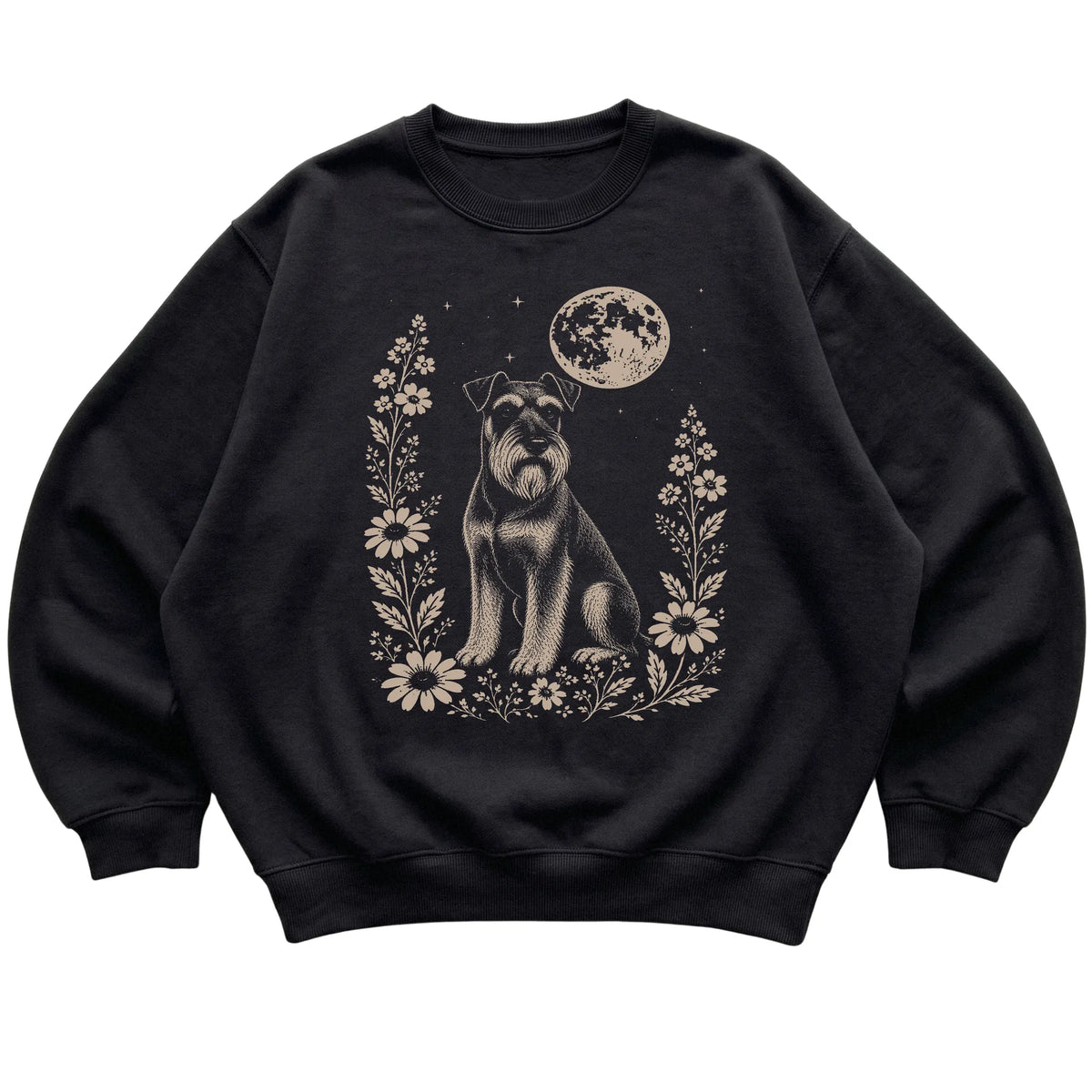 Black Moon Flowers Standard Schnauzer sweatshirt, flat view