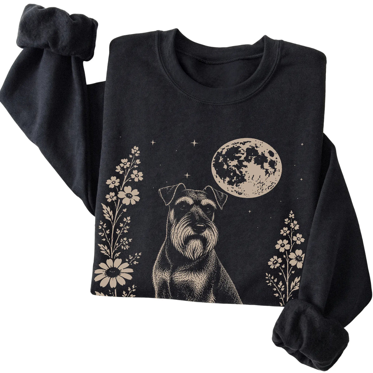 Black Moon Flowers Standard Schnauzer sweatshirt, folded view