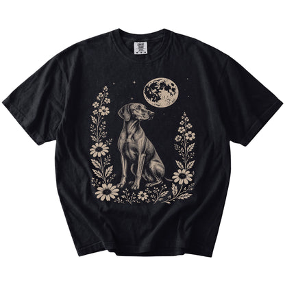Vizsla framed by flowers beneath the moon on a Black Comfort Colors® T-shirt