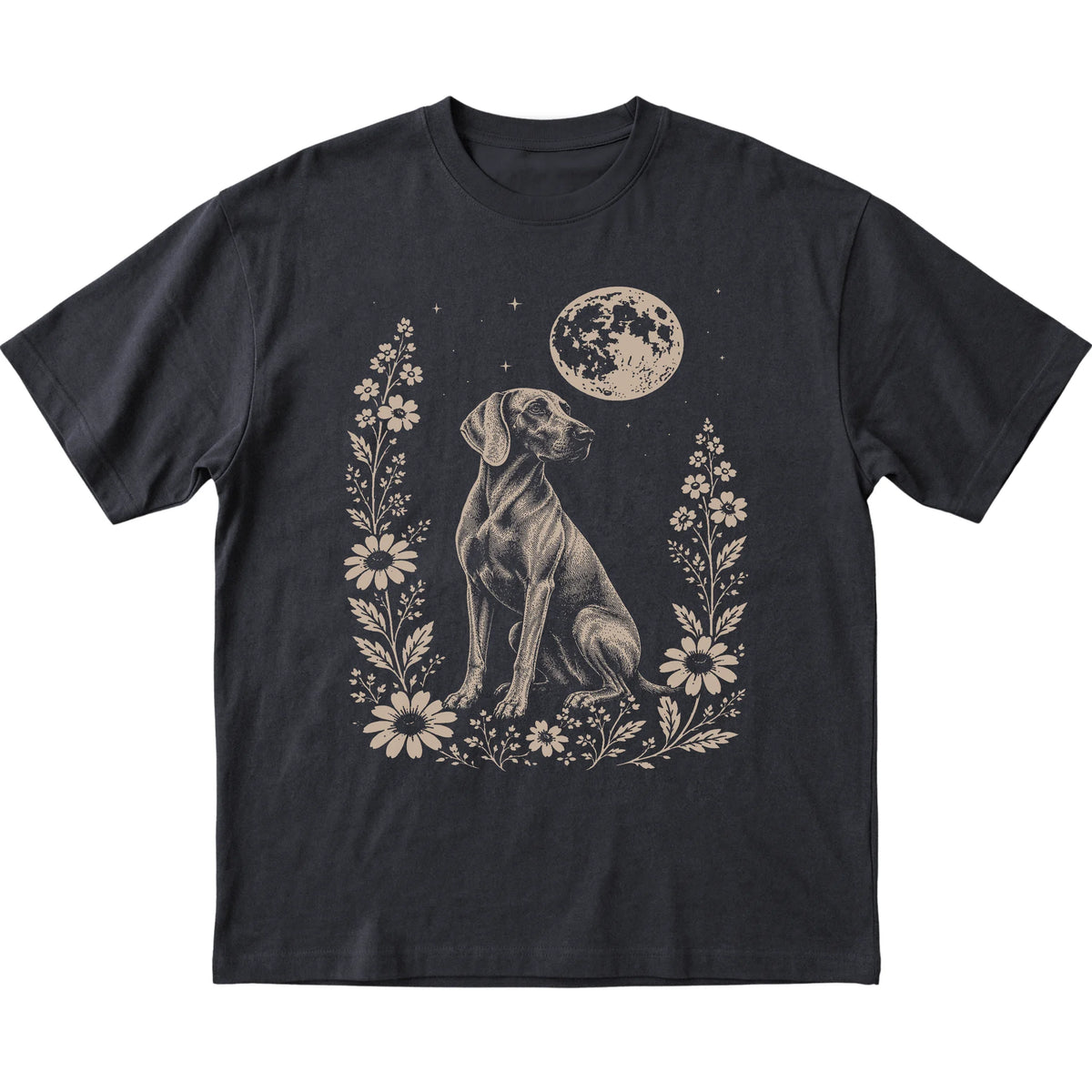 Black Moon Flowers Weimaraner T-shirt, flat view