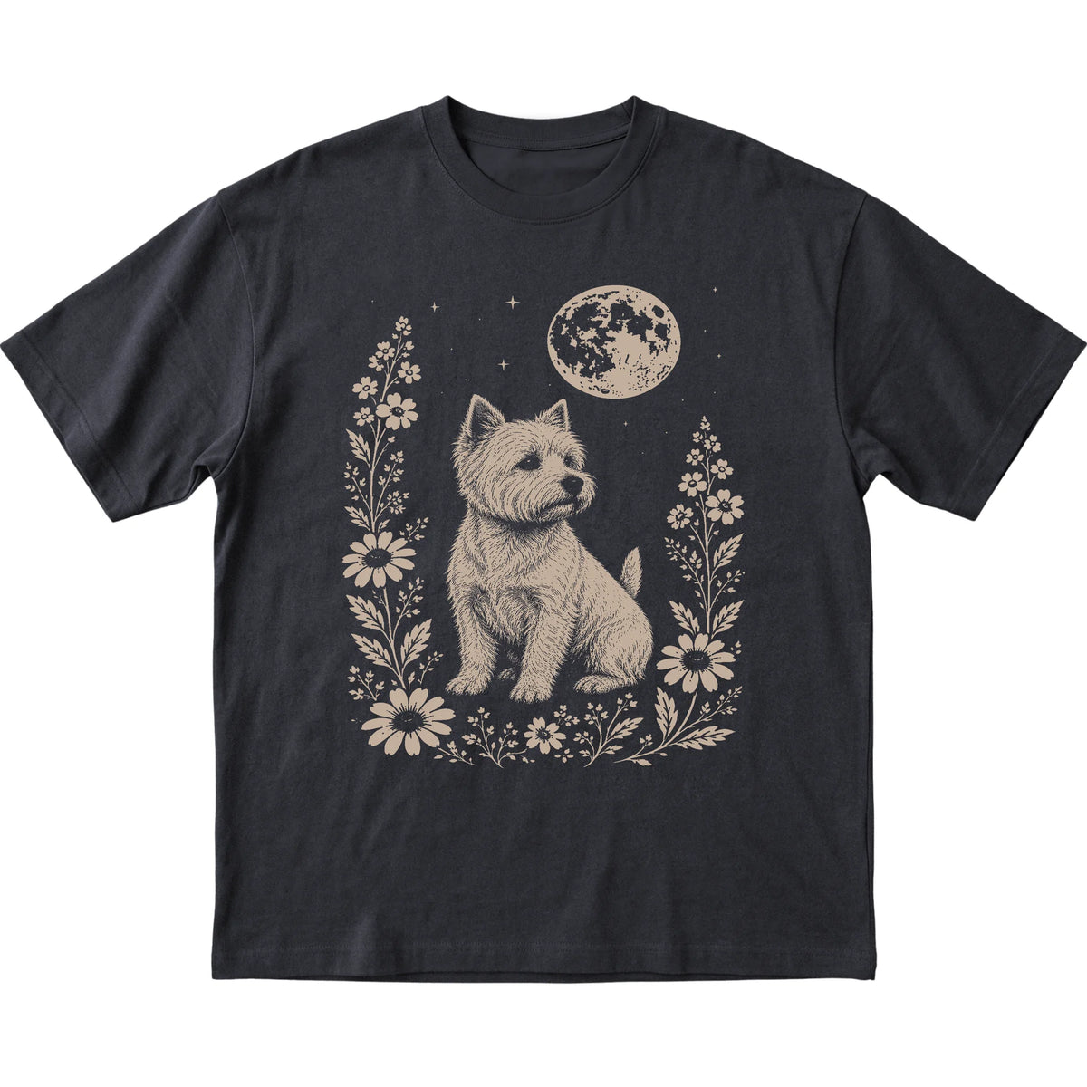 Black Moon Flowers Westie T-shirt, flat view