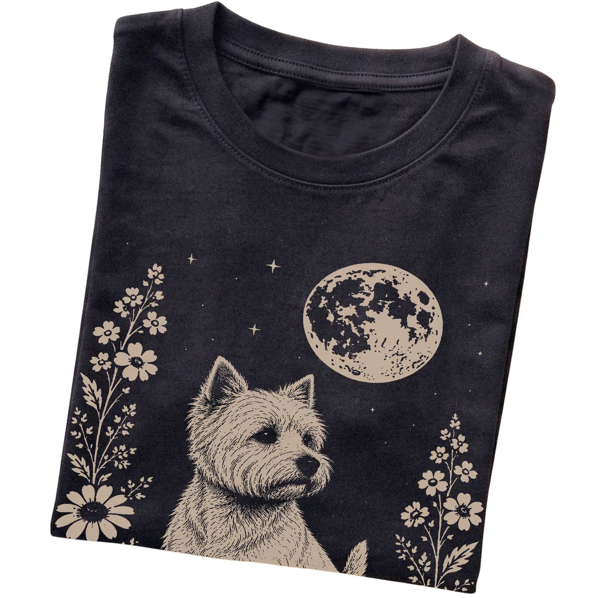Black Moon Flowers Westie T-shirt, folded view