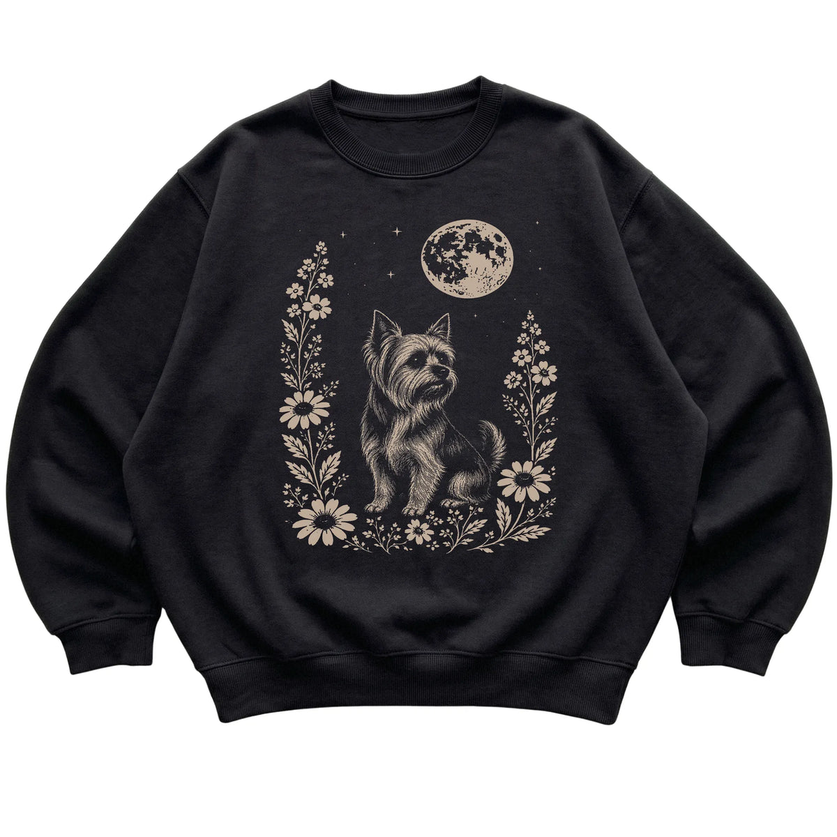 Black Moon Flowers Yorkie sweatshirt, flat view