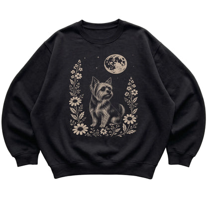 Black Moon Flowers Yorkie sweatshirt, flat view