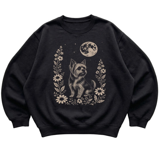 Black Moon Flowers Yorkie sweatshirt, flat view