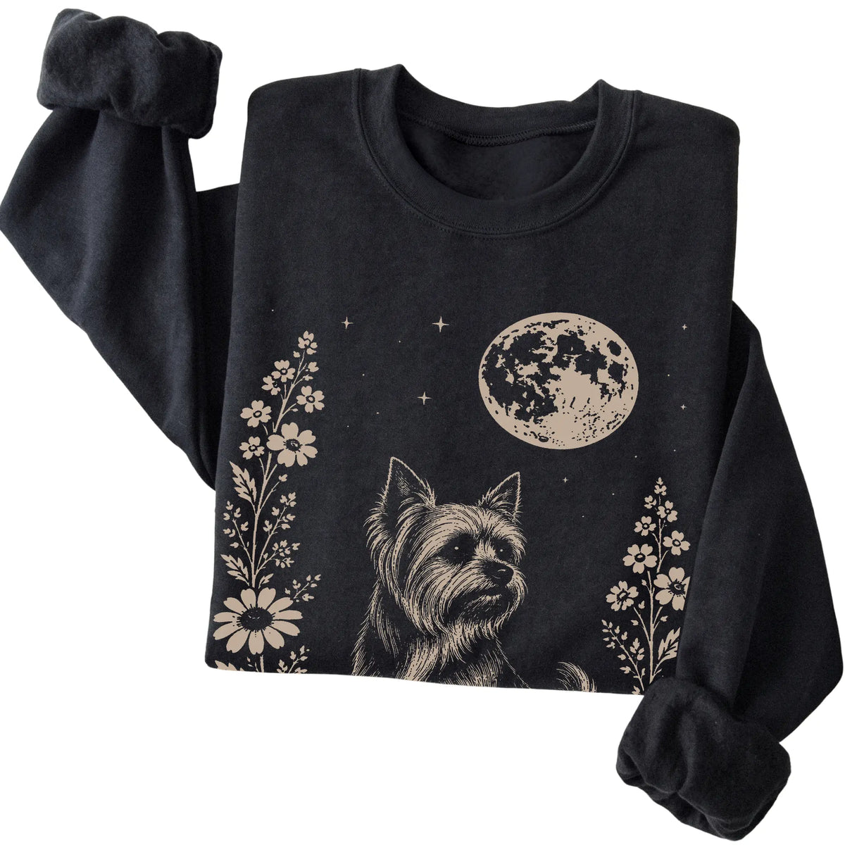 Black Moon Flowers Yorkie sweatshirt, folded view