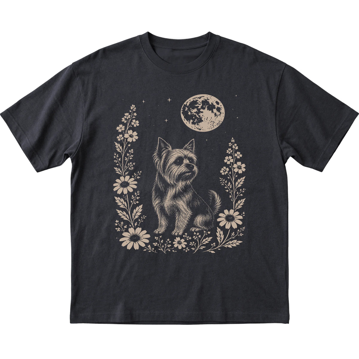Black Moon Flowers Yorkie T-shirt, flat view