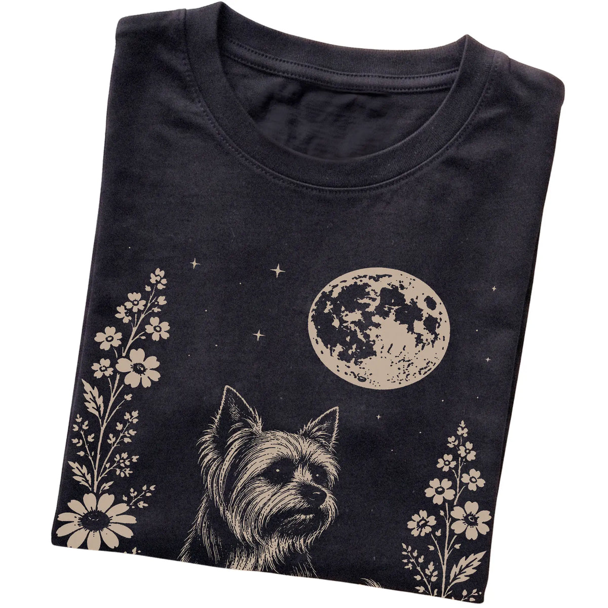 Black Moon Flowers Yorkie T-shirt, folded view