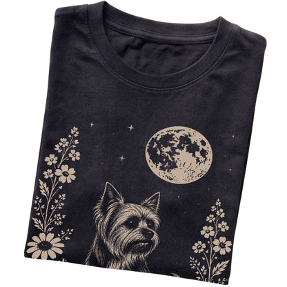 Black Moon Flowers Yorkie T-shirt, folded view