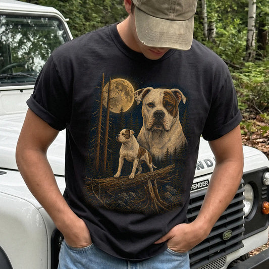 Person wearing a Black American Bulldog full-color Moonlit Forest t-shirt