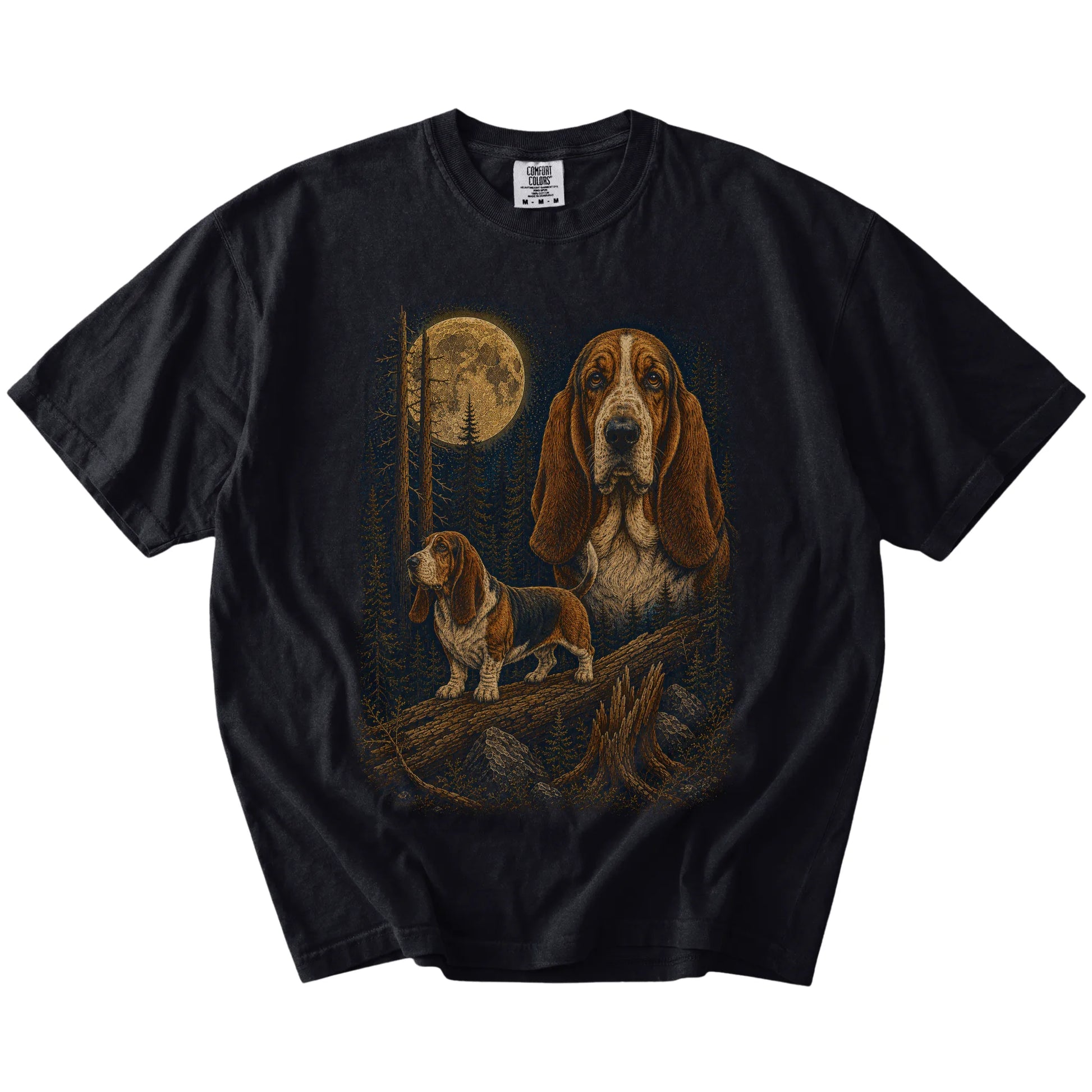 Basset Hound in a full-color moonlit forest on a Black t-shirt