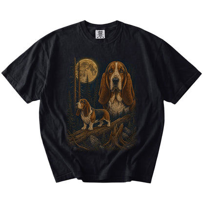 Basset Hound in a full-color moonlit forest on a Black t-shirt