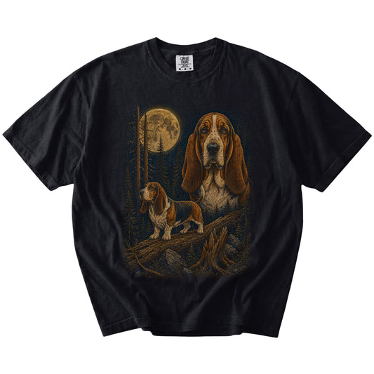 Basset Hound in a full-color moonlit forest on a Black t-shirt