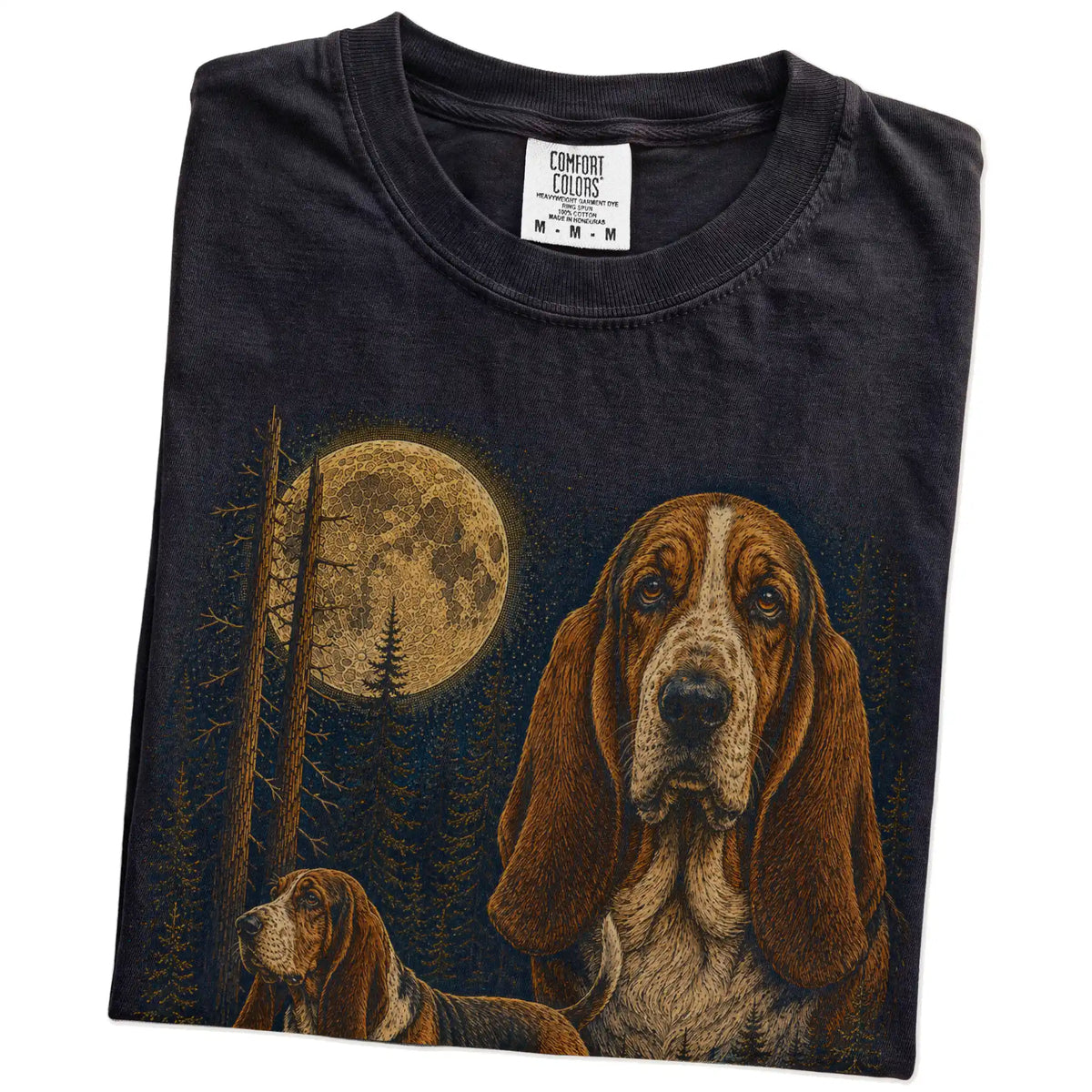 Folded Black Basset Hound full-color Moonlit Forest t-shirt