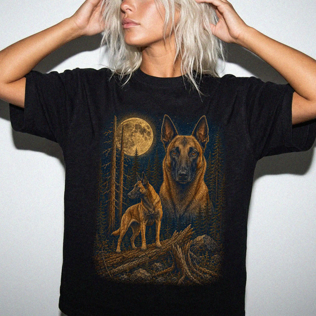 Person wearing a Black Belgian Malinois Wildwood Moon t-shirt