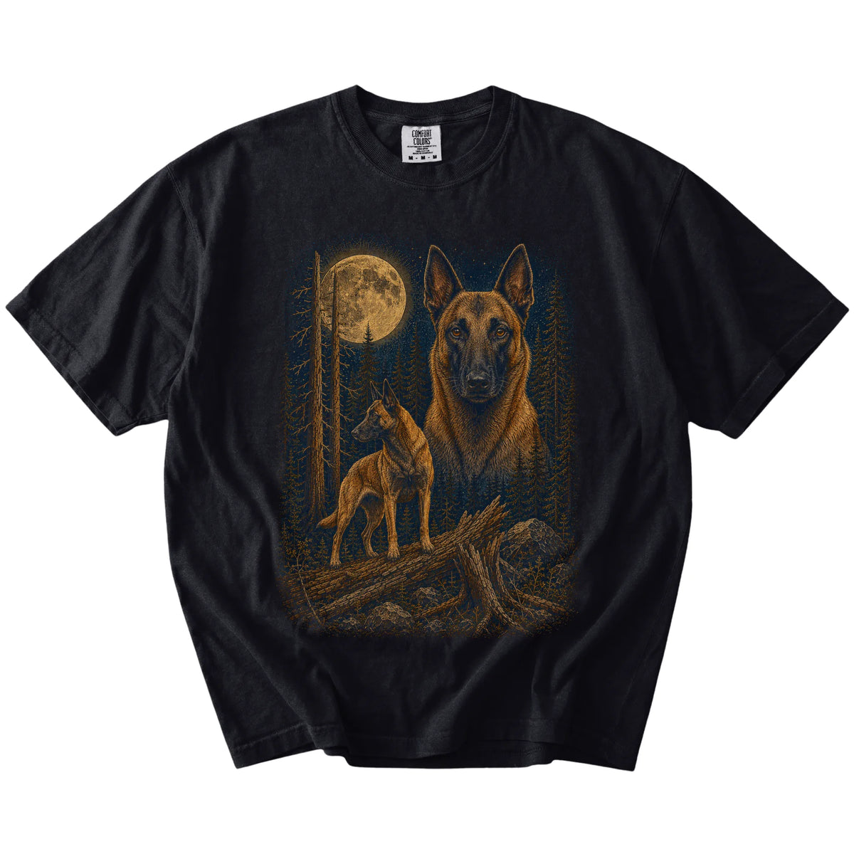 Belgian Malinois in a moonlit forest on a Black t-shirt