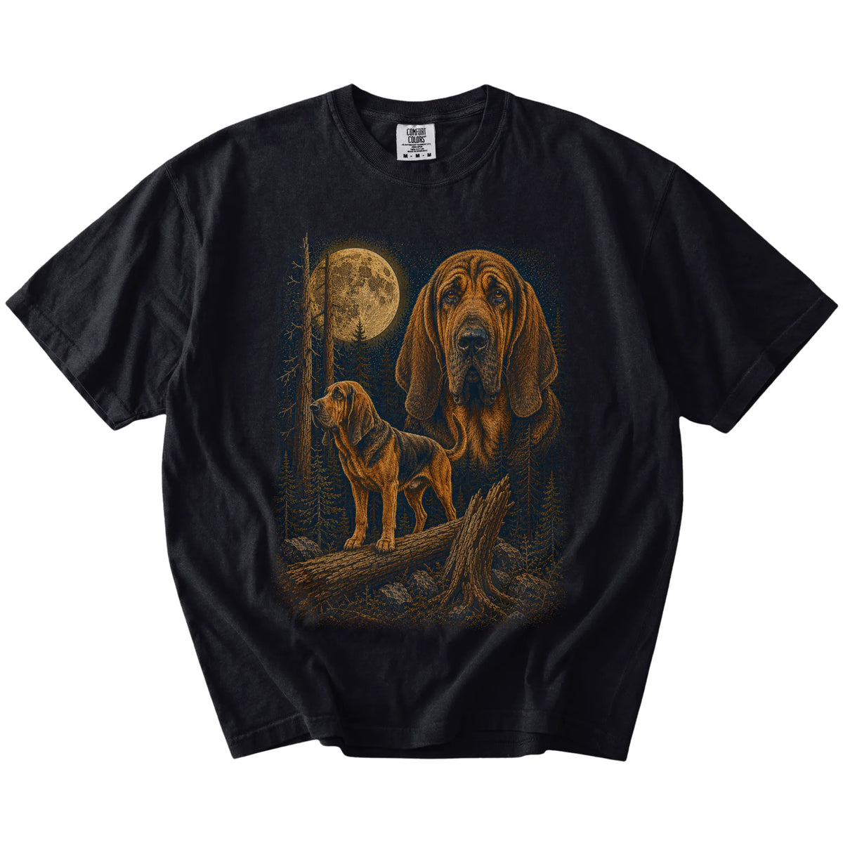 Bloodhound in a full-color moonlit forest on a Black t-shirt