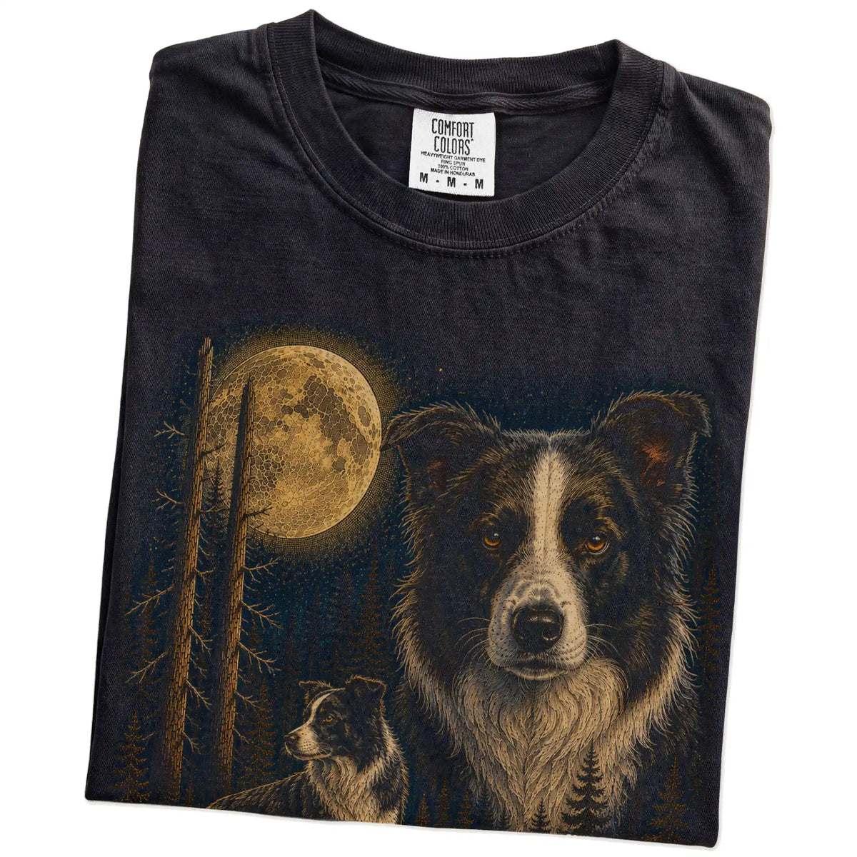 Folded Black Border Collie full-color Moonlit Forest t-shirt