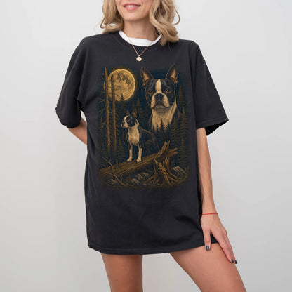 Person wearing a Black Boston Terrier full-color Moonlit Forest t-shirt