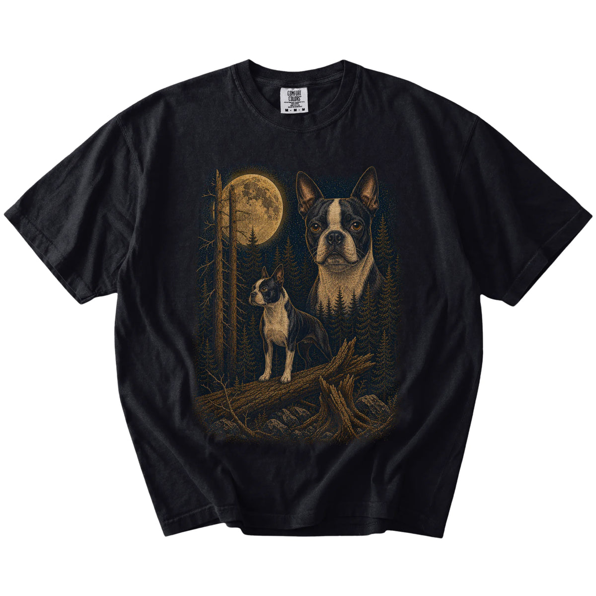 Boston Terrier in a full-color moonlit forest on a Black t-shirt