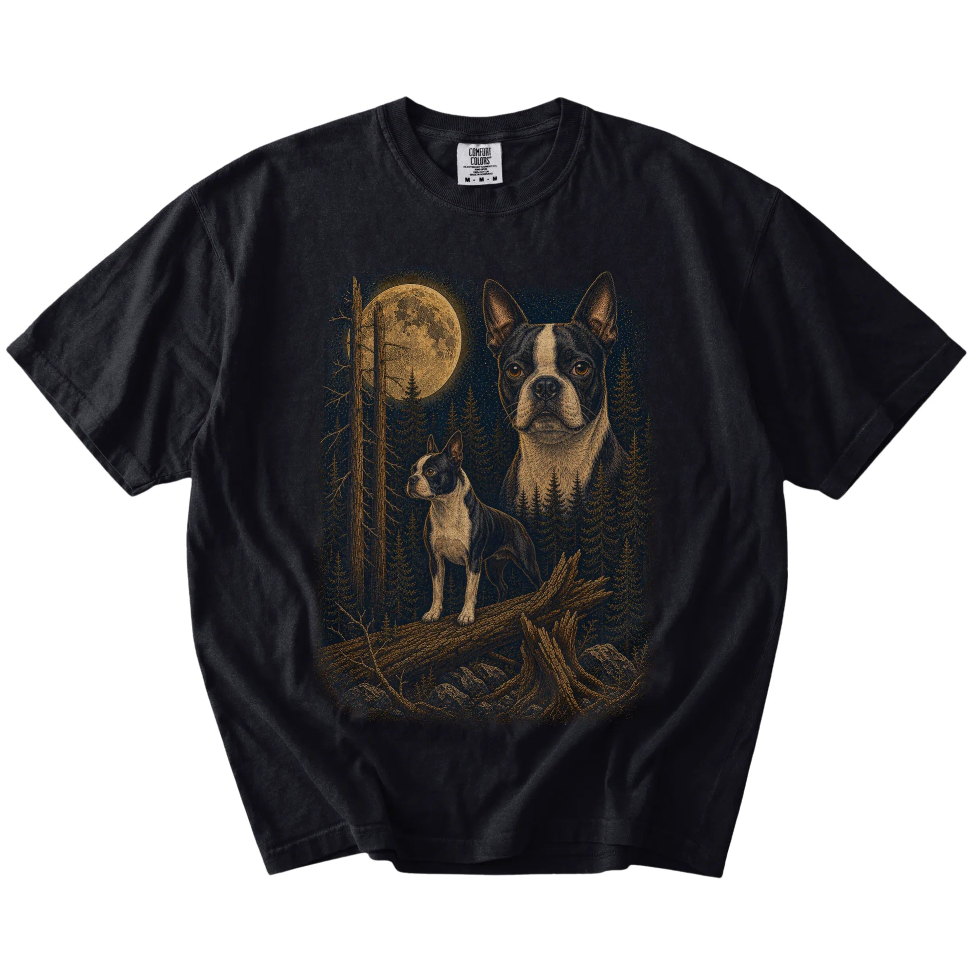 Boston Terrier in a full-color moonlit forest on a Black t-shirt